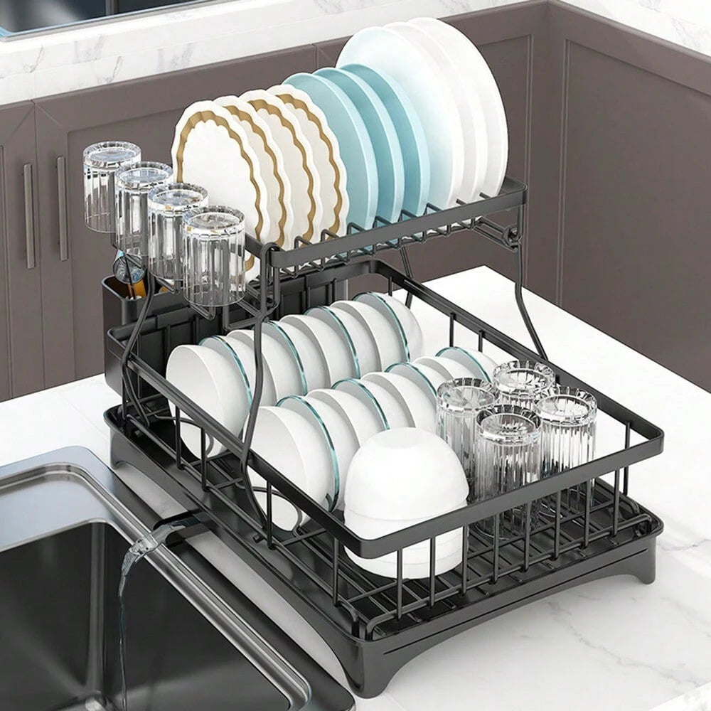Dish Drainer Drying Rack With Cup Holder Foldable Cutlery Tray