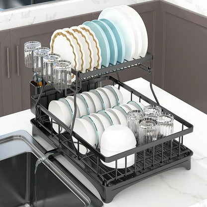 Dish Drainer Drying Rack With Cup Holder Foldable Cutlery Tray