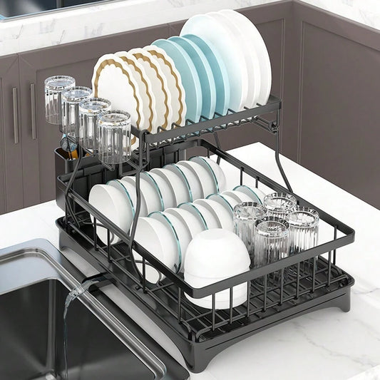 Dish Drainer Drying Rack With Cup Holder Foldable Cutlery Tray