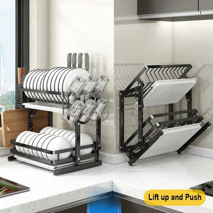 Dish Drainer Drying Rack With Cup Holder Foldable Cutlery Tray