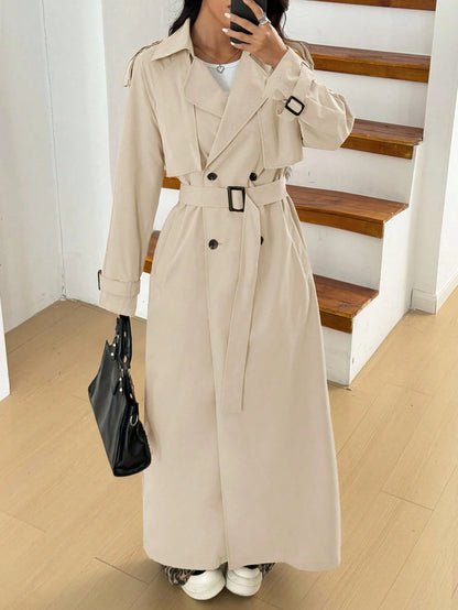 Elegant Women's Apricot Long Trench Coat With Lapel, Wool Material