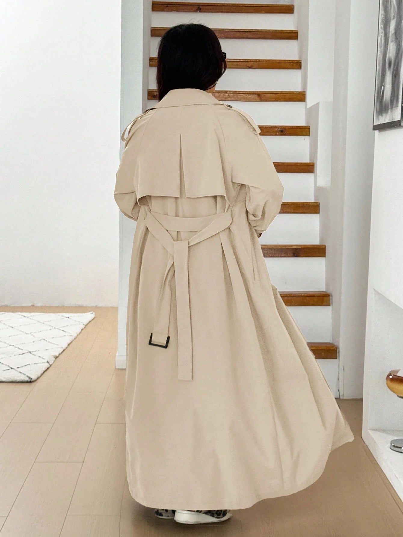 Elegant Women's Apricot Long Trench Coat With Lapel, Wool Material