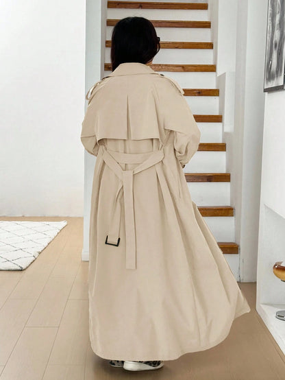 Elegant Women's Apricot Long Trench Coat With Lapel, Wool Material