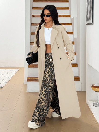 Elegant Women's Apricot Long Trench Coat With Lapel, Wool Material