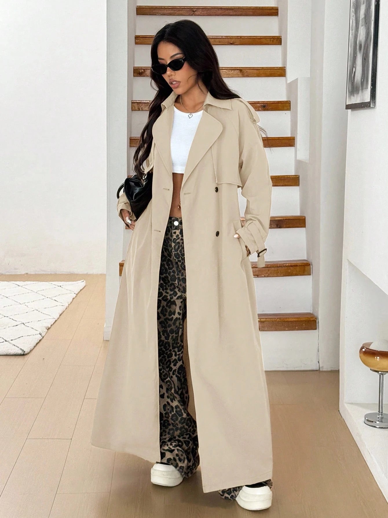 Elegant Women's Apricot Long Trench Coat With Lapel, Wool Material