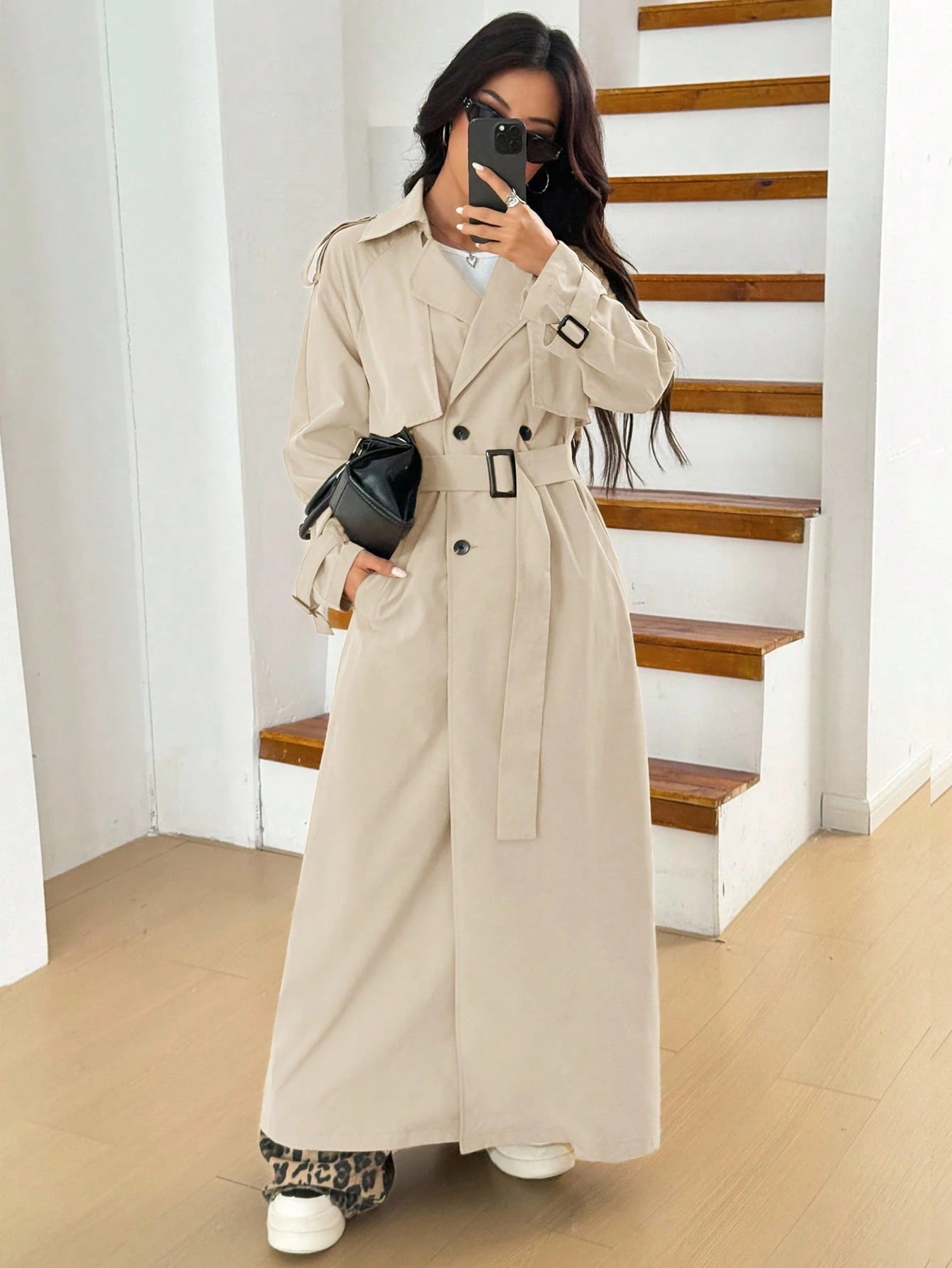 Elegant Women's Apricot Long Trench Coat With Lapel, Wool Material