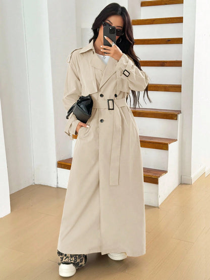 Elegant Women's Apricot Long Trench Coat With Lapel, Wool Material