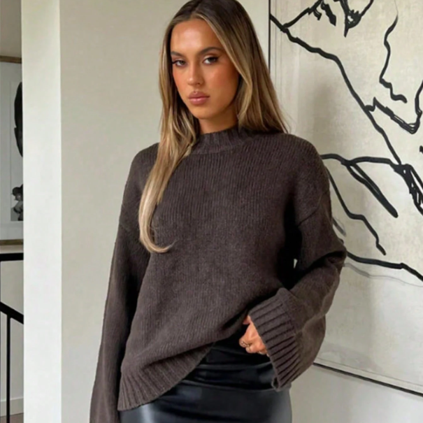 Women's Fashionable Long Sleeve Knitted Base Layer Sweater, Soft & Loose