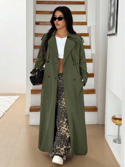 Elegant Women's Apricot Long Trench Coat With Lapel, Wool Material
