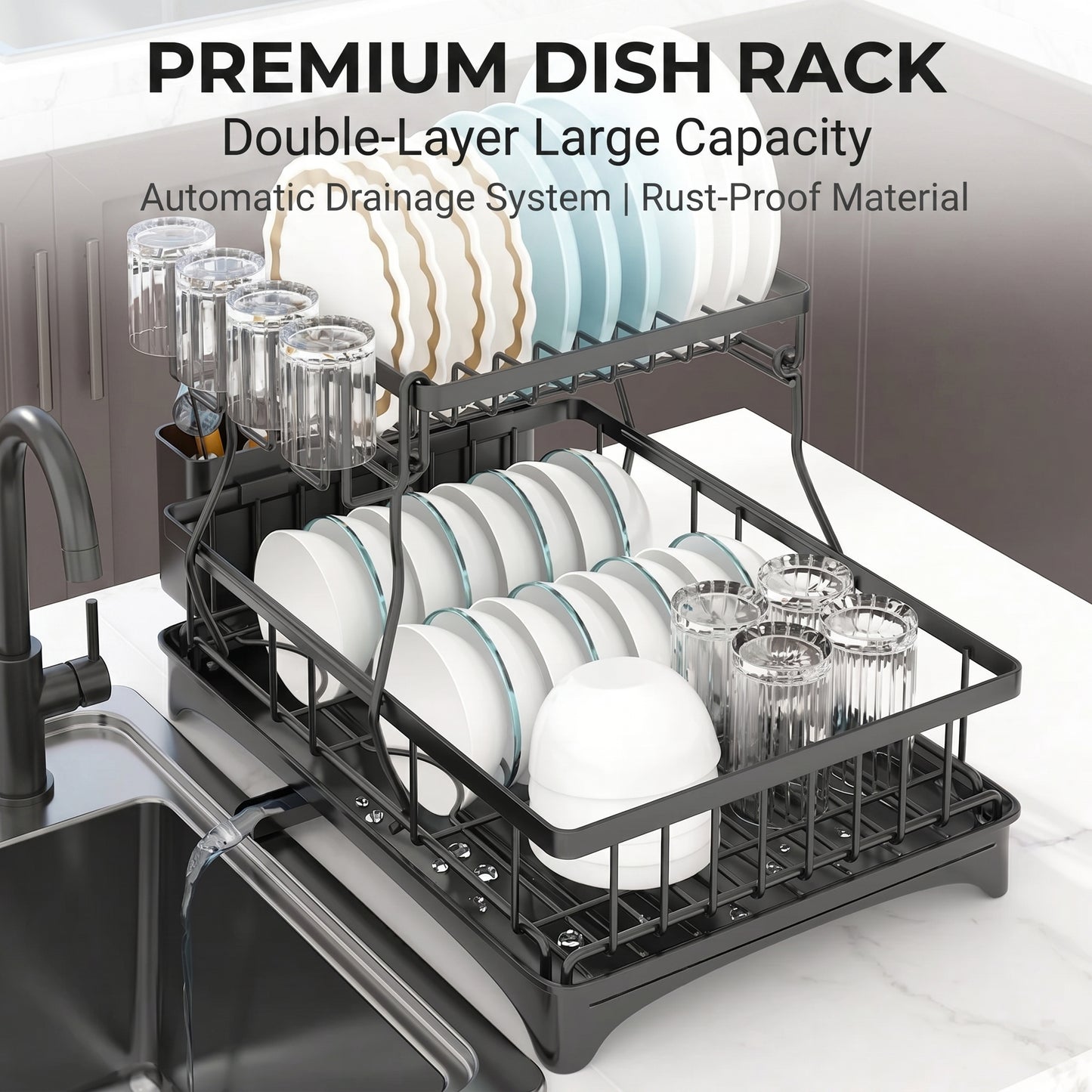Dish Drainer Drying Rack With Cup Holder Foldable Cutlery Tray