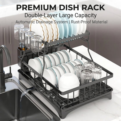 Dish Drainer Drying Rack With Cup Holder Foldable Cutlery Tray