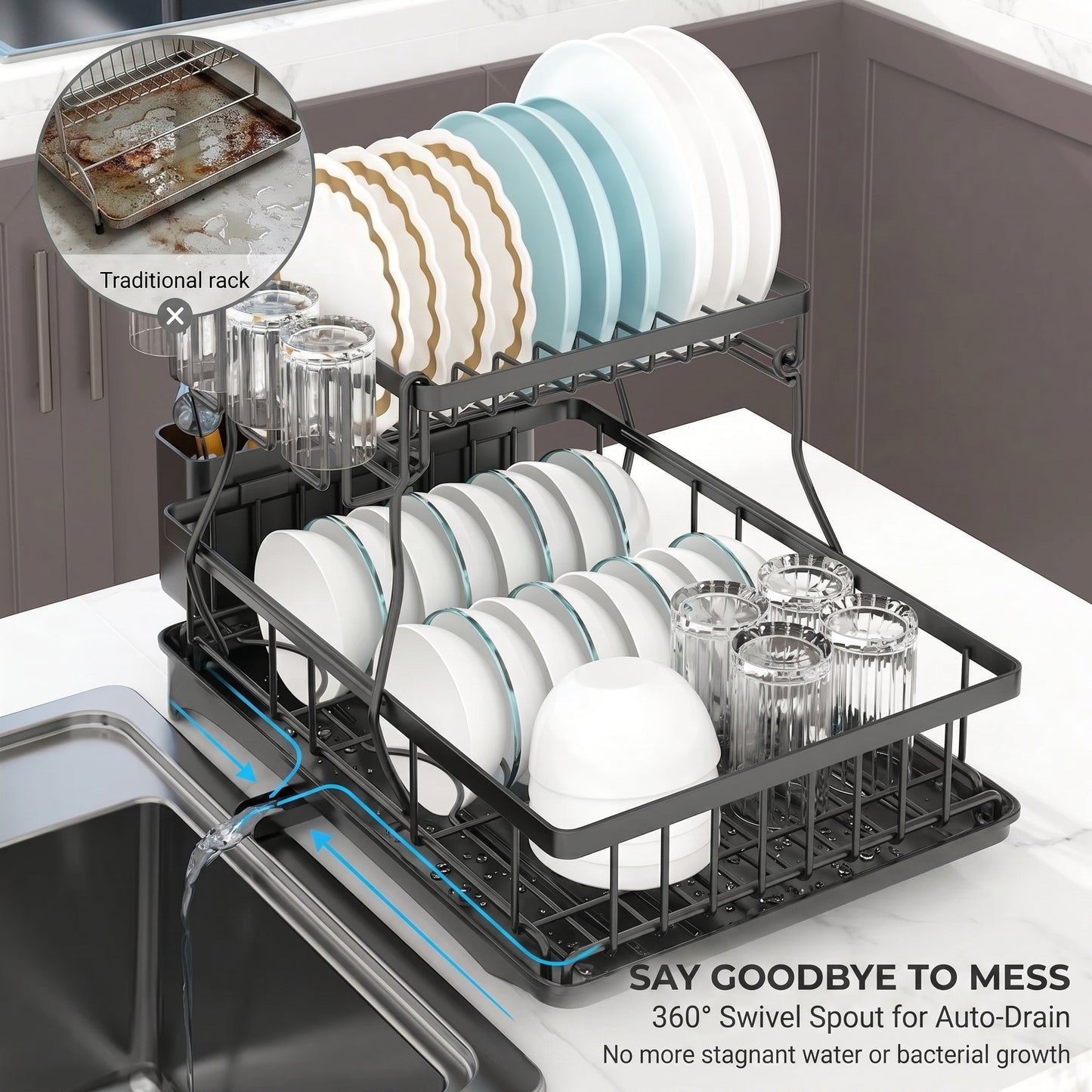 Dish Drainer Drying Rack With Cup Holder Foldable Cutlery Tray