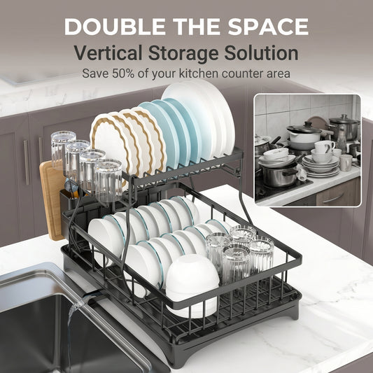 Dish Drainer Drying Rack With Cup Holder Foldable Cutlery Tray