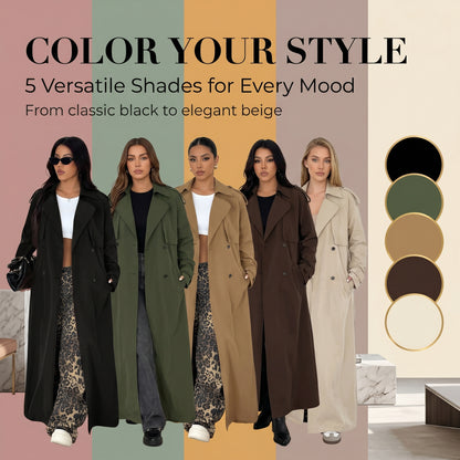 Elegant Women's Apricot Long Trench Coat With Lapel, Wool Material