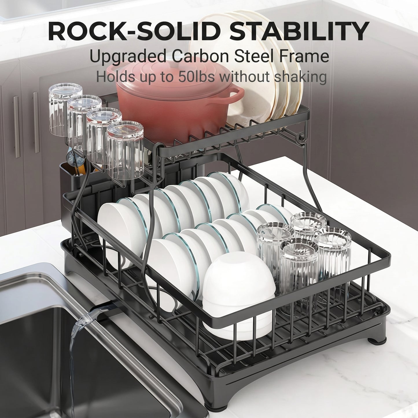 Dish Drainer Drying Rack With Cup Holder Foldable Cutlery Tray