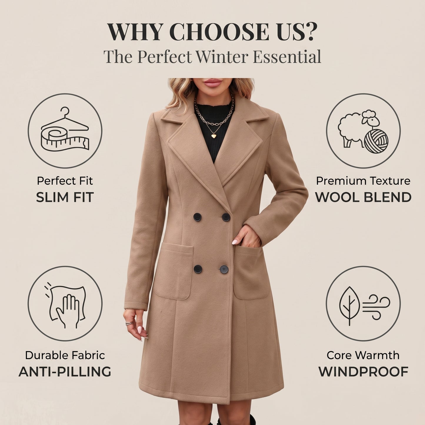 Women's Mid-Length Wool Blend Solid Color Coat