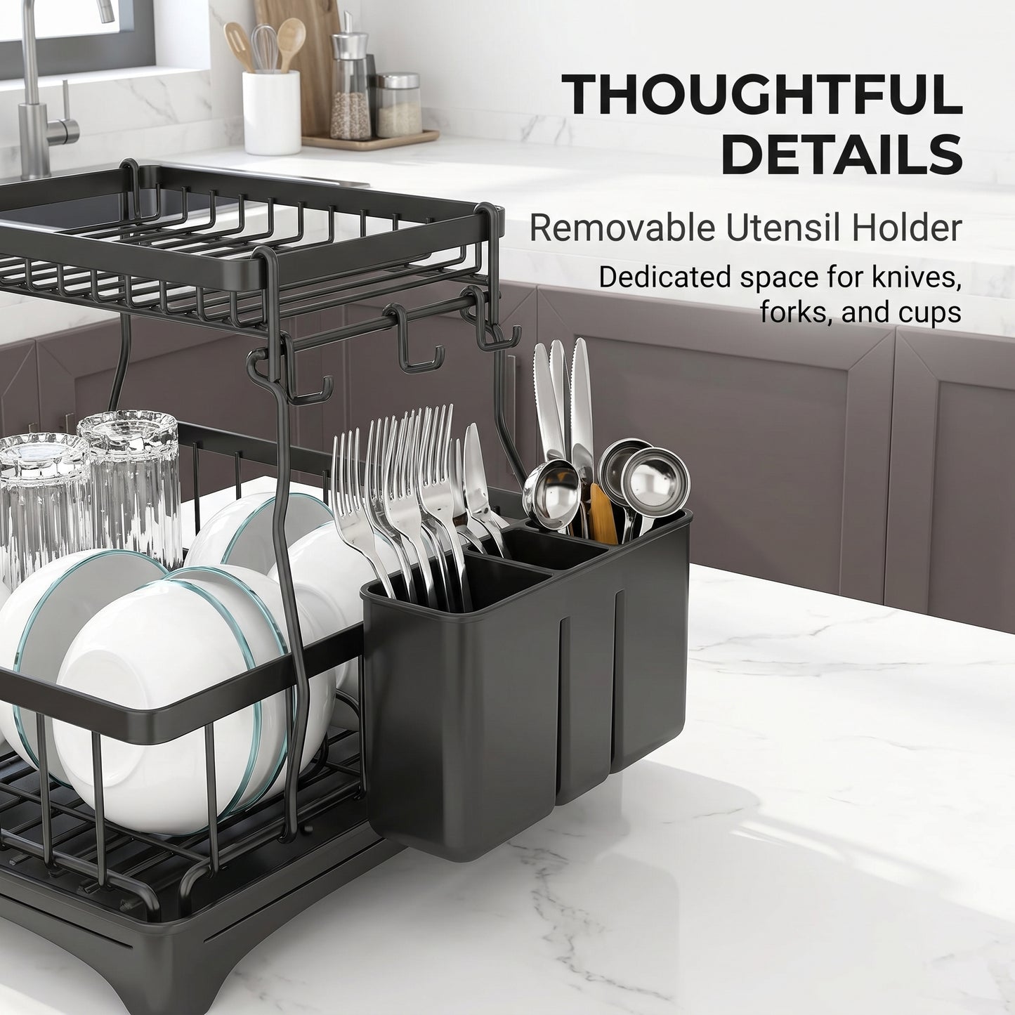 Dish Drainer Drying Rack With Cup Holder Foldable Cutlery Tray