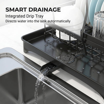 Dish Drainer Drying Rack With Cup Holder Foldable Cutlery Tray