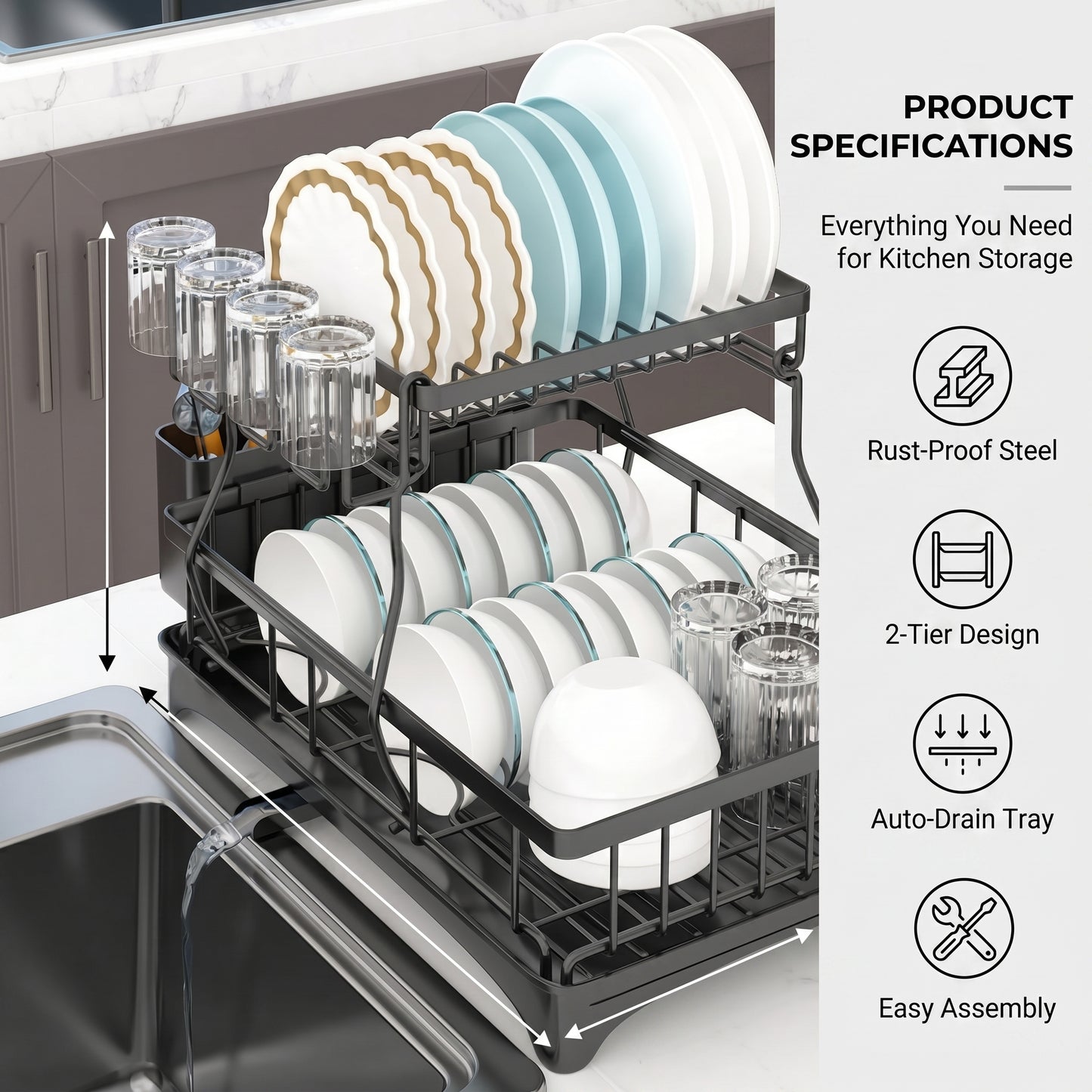 Dish Drainer Drying Rack With Cup Holder Foldable Cutlery Tray