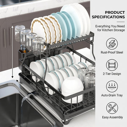Dish Drainer Drying Rack With Cup Holder Foldable Cutlery Tray